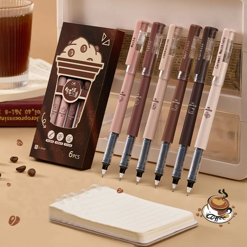 6Pcs/Set Coffee Series 0.5mm Gel Pen High Capacity Gel Ink Pen For Students Quick Drying Writing Pen School Office Supplies New