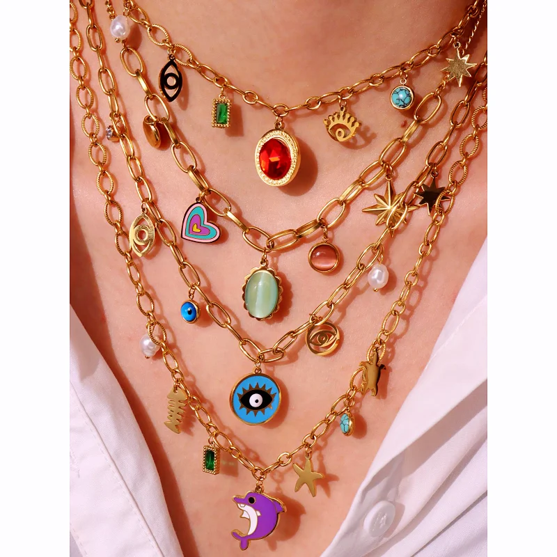 

HANGZHI Colorful Stainless Steel Love Heart Dolphin Devil's Eye Pendant Necklace Vintage Elegant Charm Necklace Banquet Jewelry