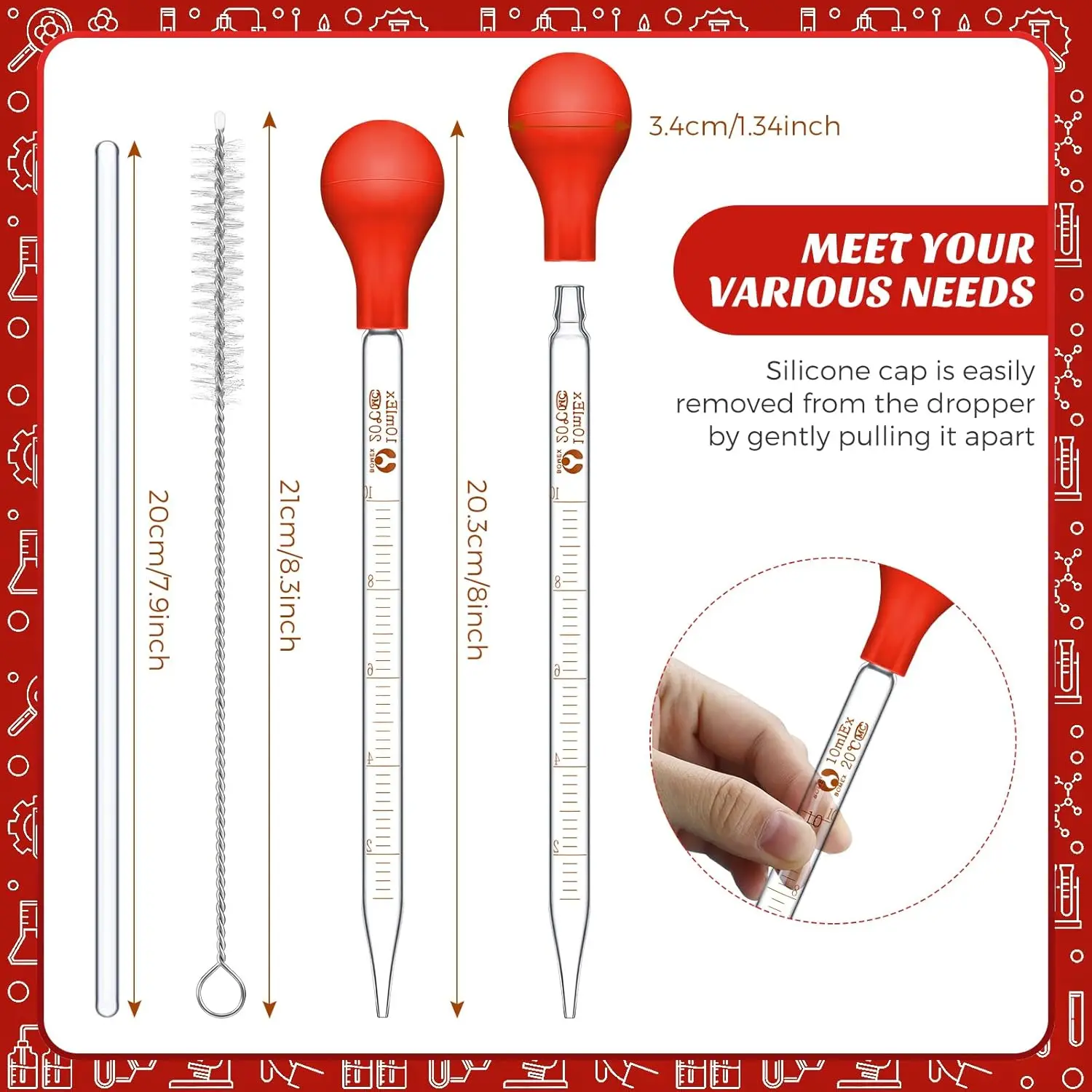 Glass Dropper, Graduated Laboratory Dropper, with Large Rubber Cap, Stirring Rod, Cleaning Brush, Suitable for Liquid Essential Oils (6-Piece Set, Red, 10 ml) view 2