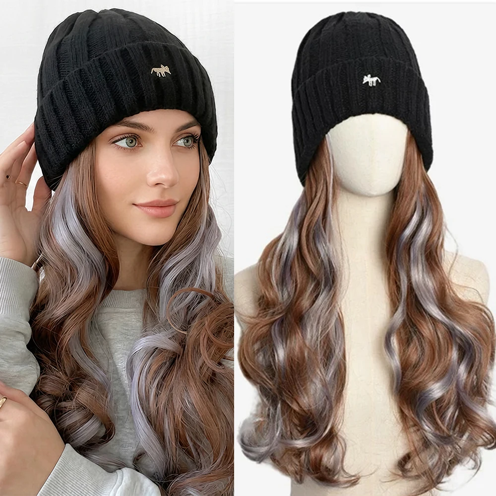 Synthetic Hat Wig Beanies Hat With Hair Wigs Long Wavy Hair Warm Soft Ski Knitted Autumn Winter Cap For Women Christmas New Year