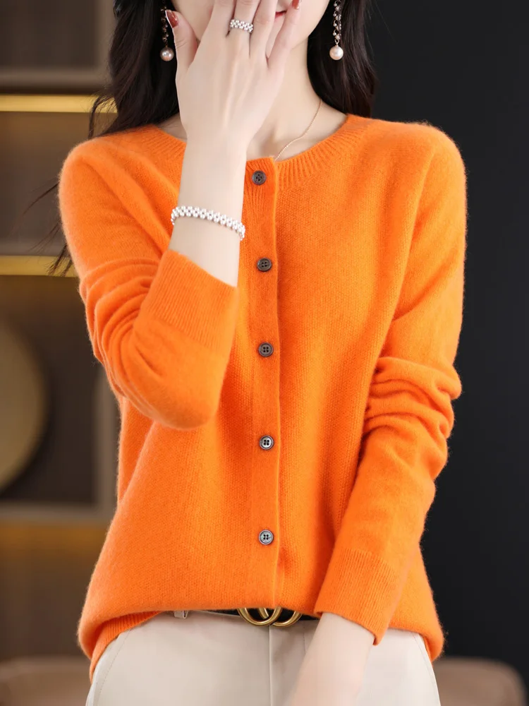 Long Sleeve 100% Merino Wool Sweaters Spring Autumn Women O-Neck Knitwear Tops Clothing Fashion Basic Tops