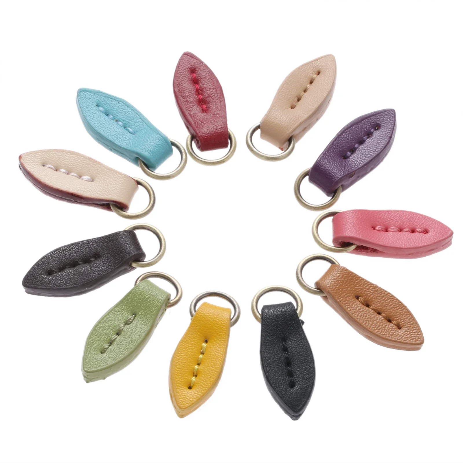 5 Pcs 33*11mm Genuine Leather Zipper Pullers Leaf Shape Pull Head Replacement Sewing Craft Bag Fasteners Leather Alloy Pendant