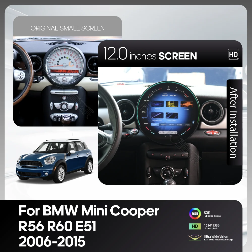 For BMW Mini Cooper R56 R60 R51 2006-2015 Car Multimedia Player 12″ Upgrades Android wirele auto Carplay GPS Navigation 4G wifi
