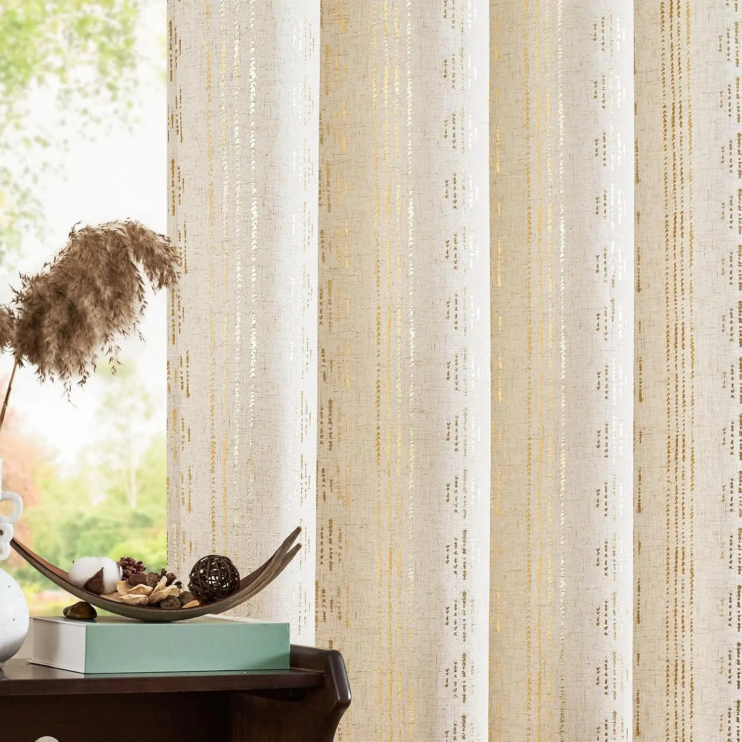 

Jinchan Boho Curtains Linen Blend Curtains For Living Room Gold Foil Print Farmhouse Curtains 84 Inches Long 2 Panels Geometric