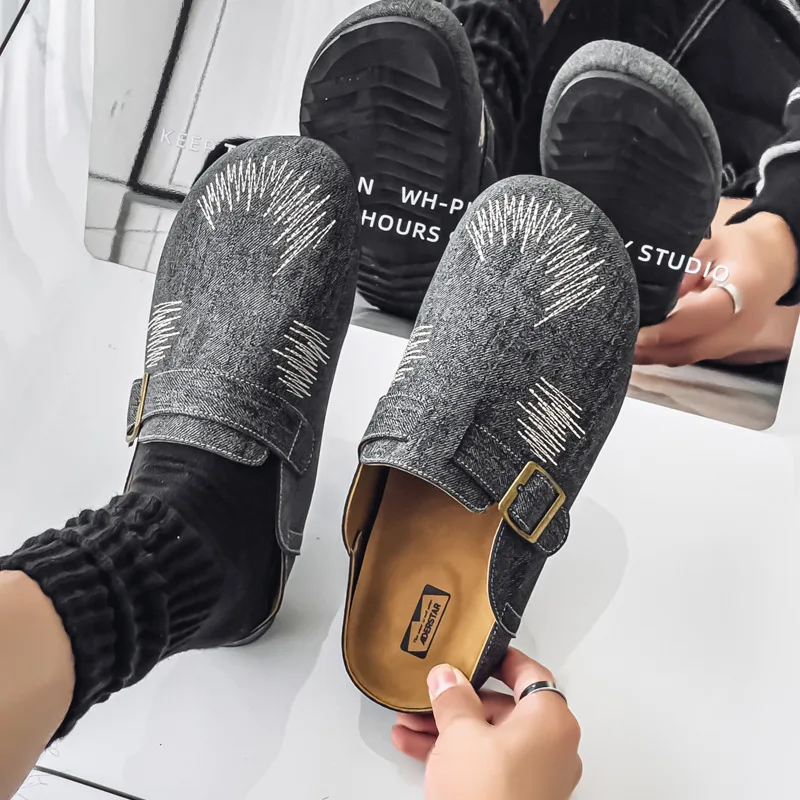 

2025 Black Men's Summer Shoes Classic Buckle Designer Half Shoes Man Breathable Casual Slippers For Man Mules chaussure hommes
