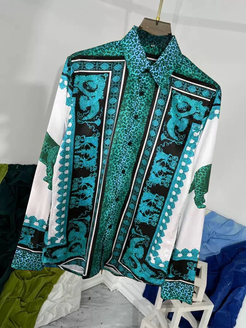 

Men's European court pattern 3D printed long-sleeved lapel shirt Hawaii beach vacation casual business formal dress shirt top