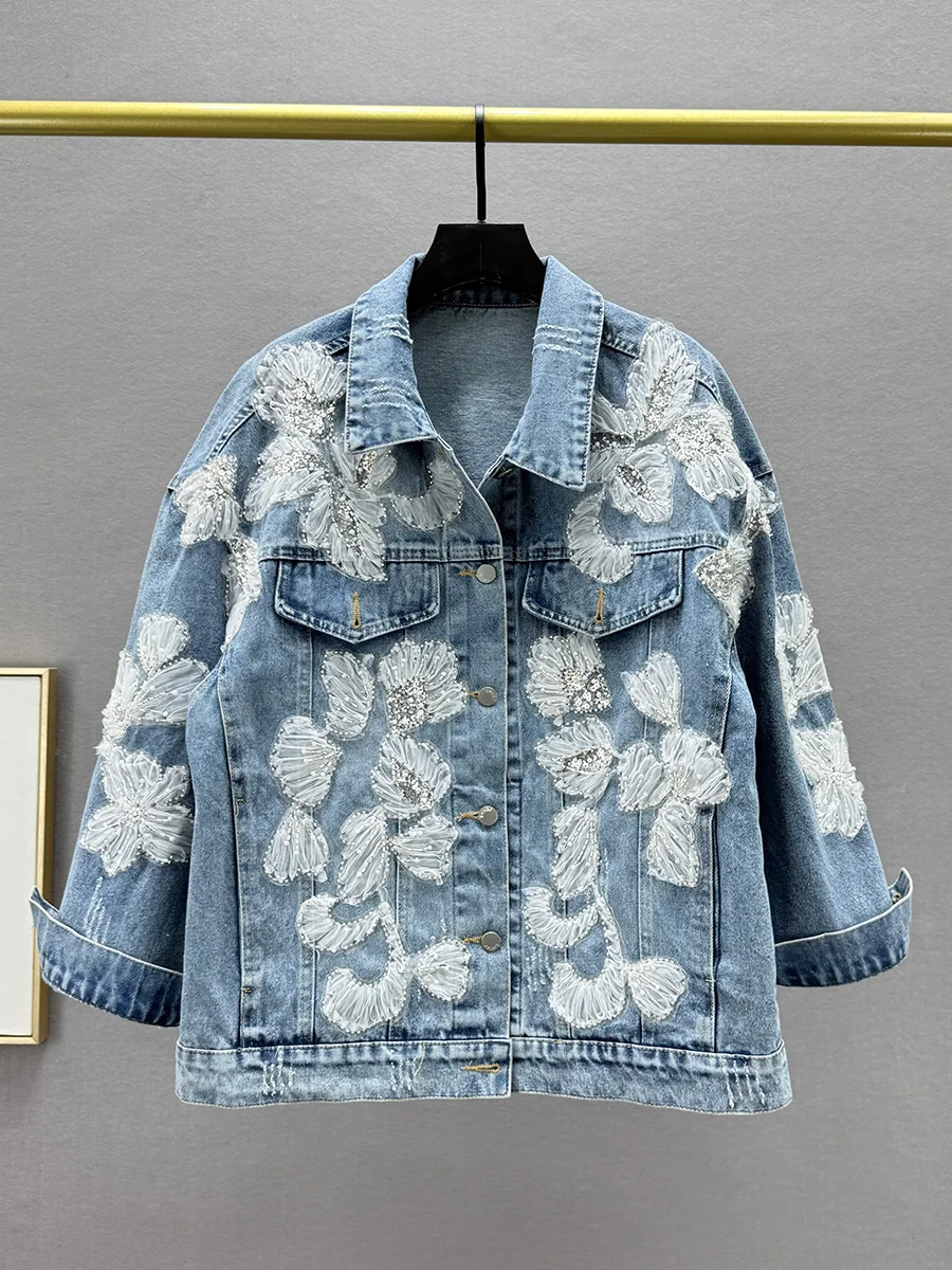 

Spring 2025 Women's Oversized Denim Jaet Glitter Sequin Long Sve Slimming Effect European Sle Cotton Polyester Blend