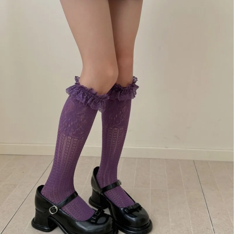 Nuevos calcetines de pierna de algodón de encaje Lolita, calcetines largos con lazo multicapa JK, calcetines largos góticos Retro, accesorios para juegos de rol