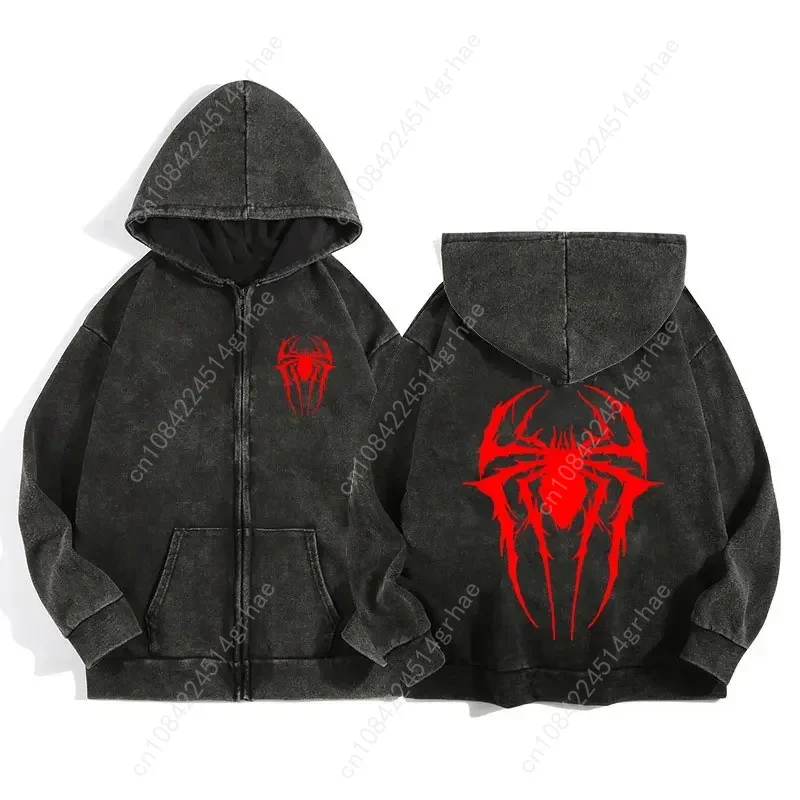 Y2K Acid Wash Zip Up Hoodie Harajuku Retro Gothic Graphic Spider Print Jacket Sweatshirt High Quality Cotton Men Women Clothing