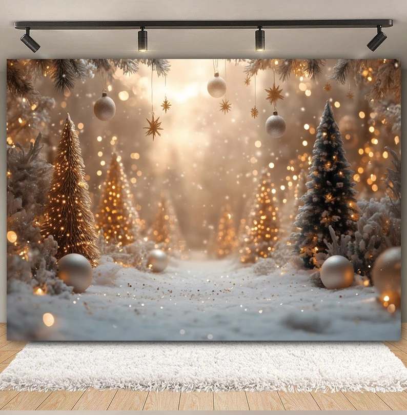 Merry Christmas Backdrop Winter Snow Glitter Gold Bells Xmas Tree Gifts 2026 Christmas Family Party Photography Background Decor