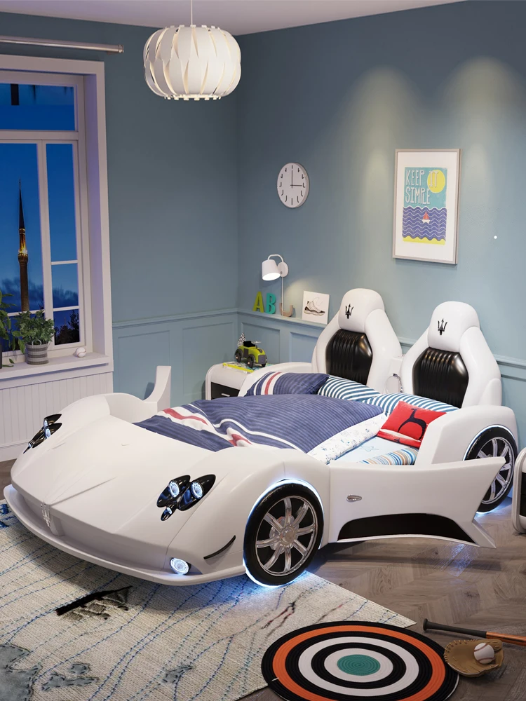 Kids bed boy open door creative car bed with guardrail simple modern sports car bed cartoon bed white stock