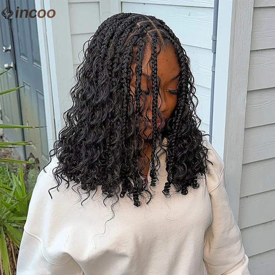 

Короткие плетеные парики в стиле бохо, полностью кружевные синтетические коробчатые парики с вьющимися волосами, плетеные парики без узлов для чернокожих женщин, 12 дюймов