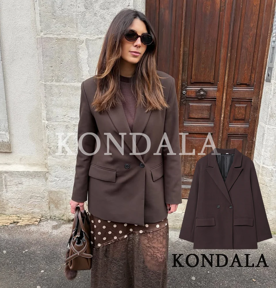 KONDALA Elegante Pendelen Double-Breasted Blazer Vrouwen Vintage Bruine Knoppen Blazer 2026 Lente Zomer Trendy Kantoor Dame Blazer