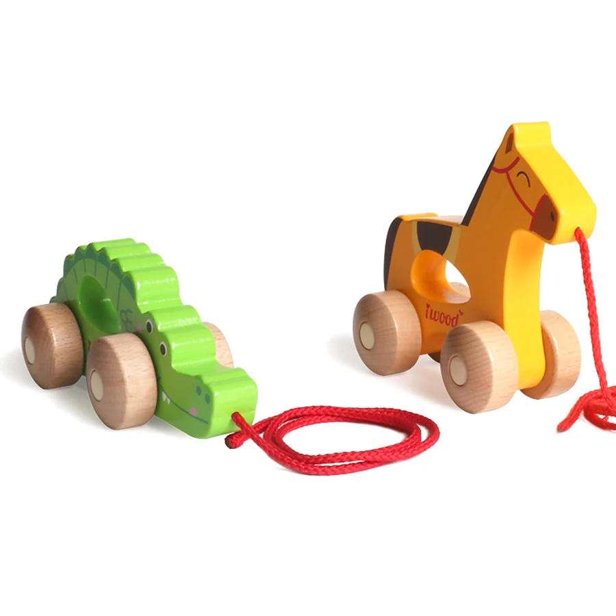 Iwood Drag Animal Montessori Children Educational Toys Baby Wooden Creative Toddler Hand Pull Puppy