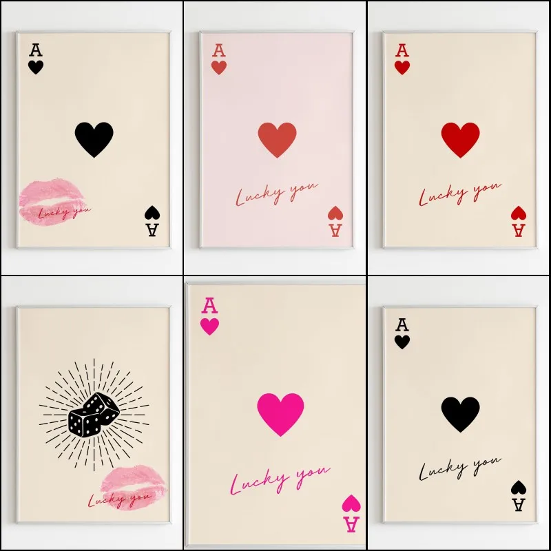 Lucky You Poster and Prints  Queen of Hearts Ace Card Kiss Lips Canvas Paintings Nordic Modern Living Room Home Wall Decor