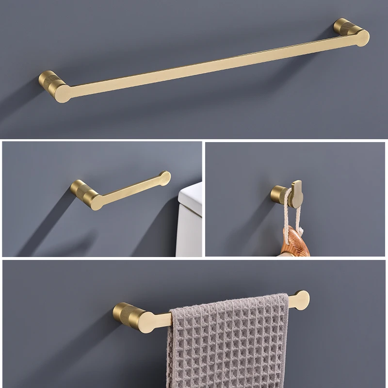 

Brushed Gold Bathroom Accessories Towel Bar Bath Robe Hook Brass Knurled Bathroom Hardware Set Shelf for Towels Paper Tissue Hol