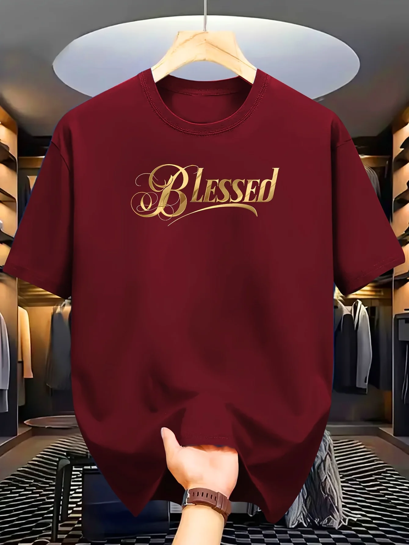 Men's Summer 100% Cotton Fashionable Casual Loose Classic Blessed Pattern Printed Sports Round Neck Short Sleeved T-Shirt Top