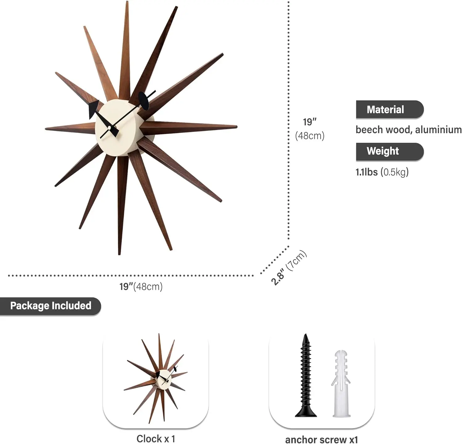 Mid Century Wall Clock Walnut Wooden Starburst Clock Replica George Nelson Sunburst Clock for Decorative Office Wall Living Room