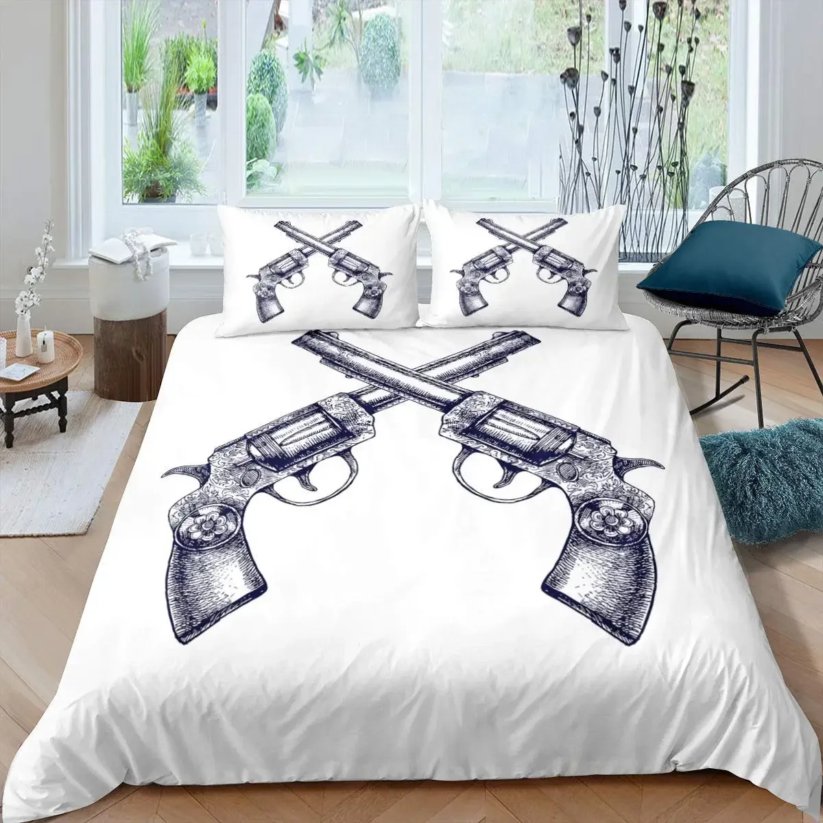 Boys Guns King Queen Duvet Cover Military Pistol Theme Bedding Set  Firearm Army Rifle Comforter Cover Polyester Quilt Cover