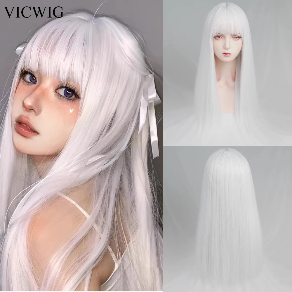 VICWIG White Long Straight Wigs with Bangs Synthetic Lolita Cosplay Natural Women Heat Resistant Hair Wig for Daily Party