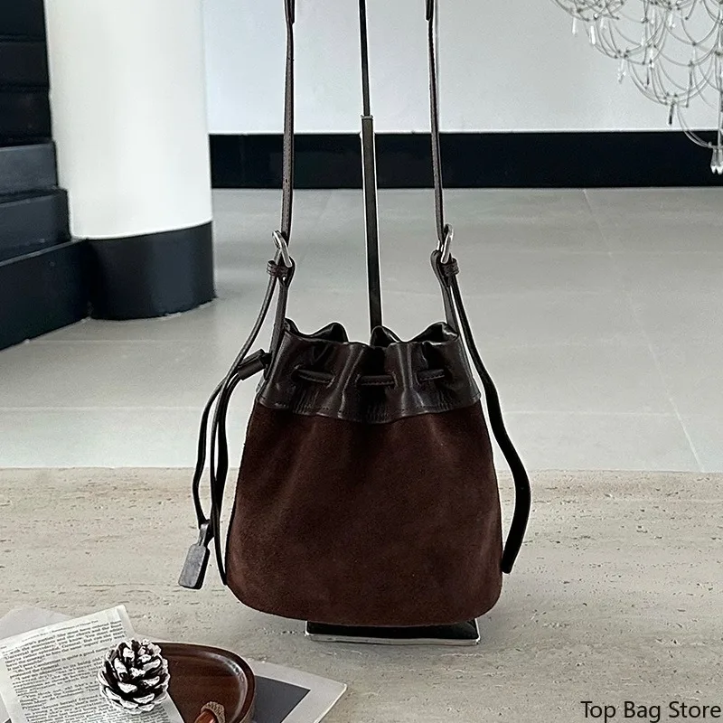 Vintage Elegant Everyday Casual Bucket Bag for Women Suede Genuine Leather Drawstring Crossbody Adjustable Strap Luxury