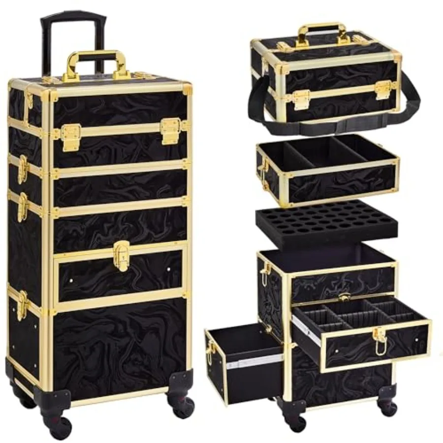 

Rolling Makeup Case with Drawer for Salon Use, ABS Plastic, Black, 4-in-1 Expandable Design with Smooth Wheels and Secure Latch