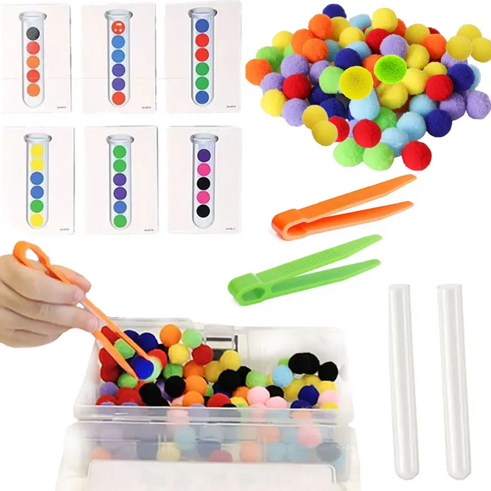 109Pcs Children\'s Educational Toy Test Tube Pompoms Tweezers Color Matching Card Fine Movement Sorting Set Montessori  Gift