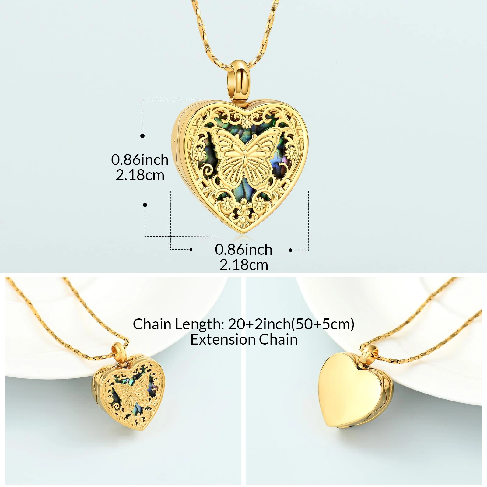 Butterfly Heart Urn Necklace for Ashes Cremation Jewelry for Women Men Stainless Steel Abalone Shell Keepsake Memorial Pendant