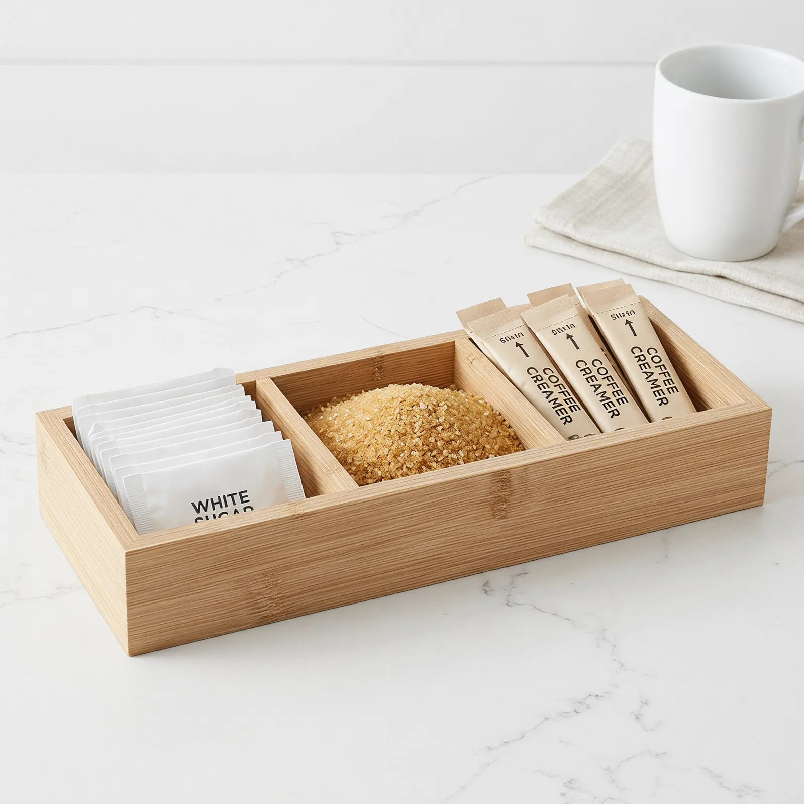 Wood Tea Bag Organizer Box 11x4x1.8in Bamboo 3-Compartment Coffee Station Countertop Sugar Packet Holder Tea Storage Organizer view 5