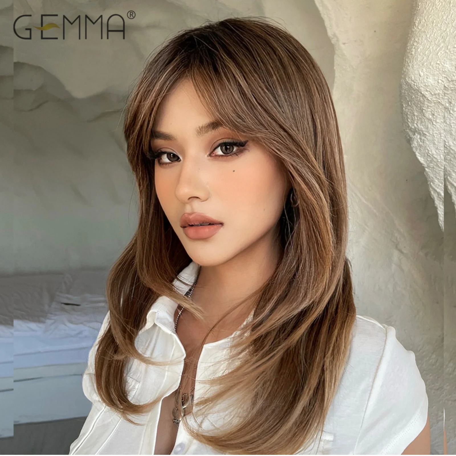 GEMMA Ombre Brown Medium Length Layered Wigs Synthetic Straight Cosplay Wigs with Bangs for Women Daily Heat Resistant Fake Hair