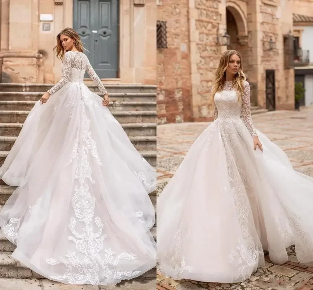 Robe de mariée en tulle A-ligne luxueuse et élégante, dentelle, décalcomanie transparente, manches longues, détails de bouton de train de cour, nouveau