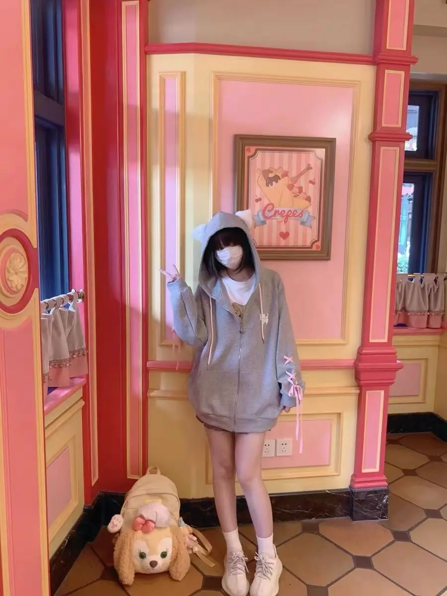 Grey Ear Embroidery Sudadera Mujer Sweet Casual Japanese Kawaii Hoodie Anime Sweatshirts Zip Up Top 2026 Jacket Women - view 6