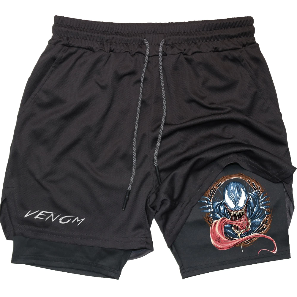 Marvel Venom Gym Shorts Men Fitness 2 in 1 Performance Shorts Workout Summer Mesh Quick Dry Manga Athletics Short Pants Male