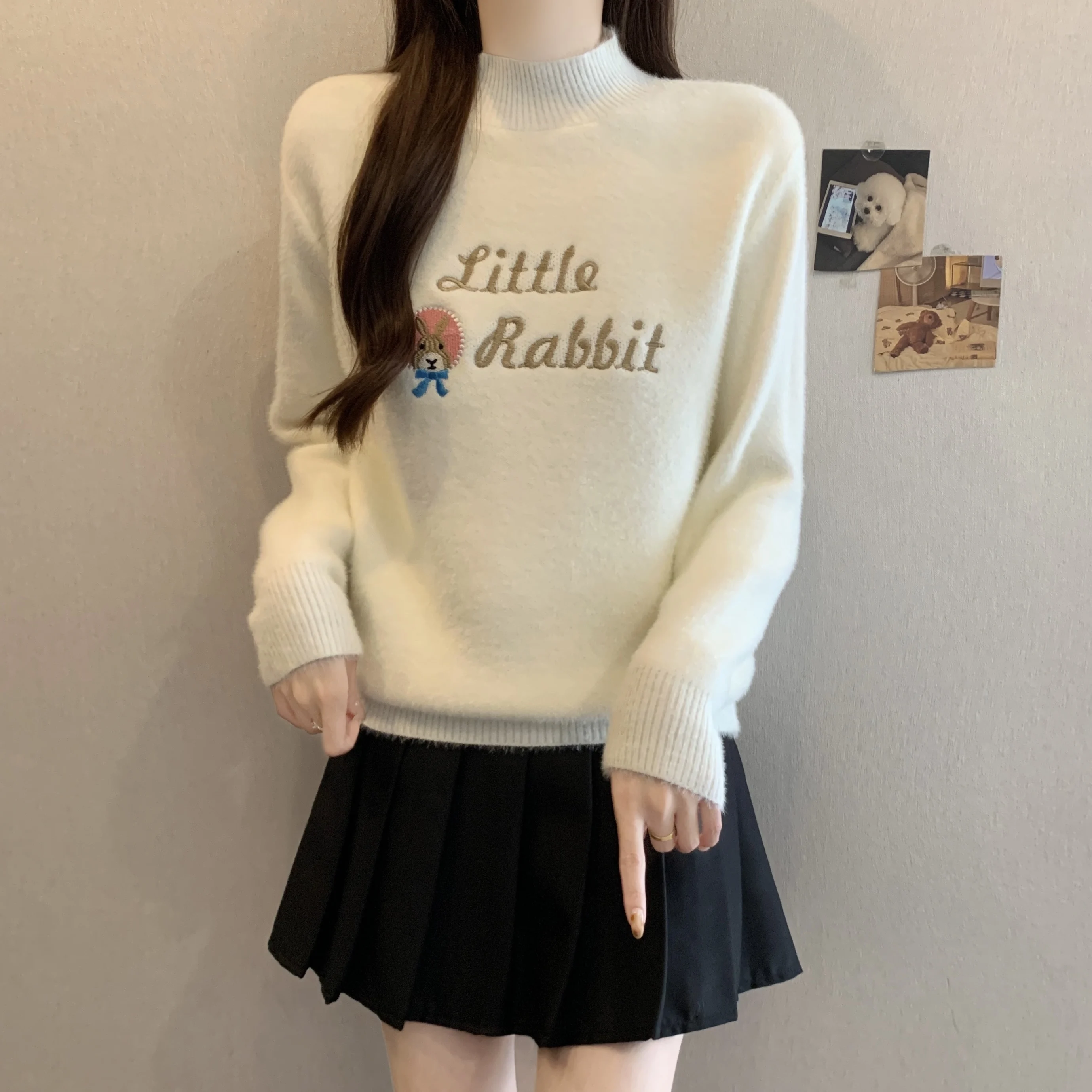 Primavera Autunno New Fashion Cartoon Rabbit O-Collo maglione lettera ricamata pullover lavorato a maglia allentato dolce top versatili