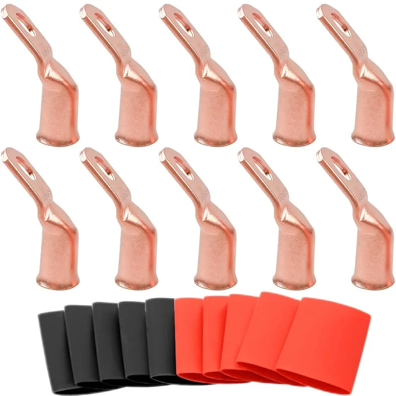 

10PCS 45 Degree Bent Copper Lugs with 10PCS 3:1 Heat Shrink Tube Sleeves 2 AWG - 5/16" Battery Lugs Ring Terminals Cable Ends