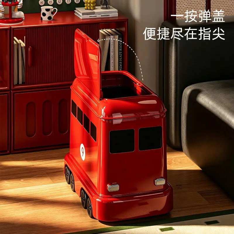Bus Shaped Press Waste Bin, Movable, Slim Design for Narrow Corner