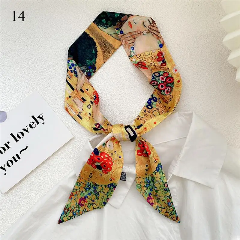 6*105cm Narrow Neckerchief Women Long Silk Scarf  Oil Painting Print Streamer Small Scarf Headband Silk Satin Bag Scarves