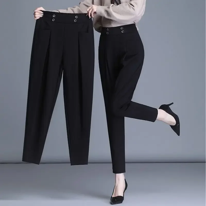 Moda nove punti Harem pantaloni da donna a vita alta primavera estate tasche sottili con giunture pantaloni neri versatili larghi a sette punti