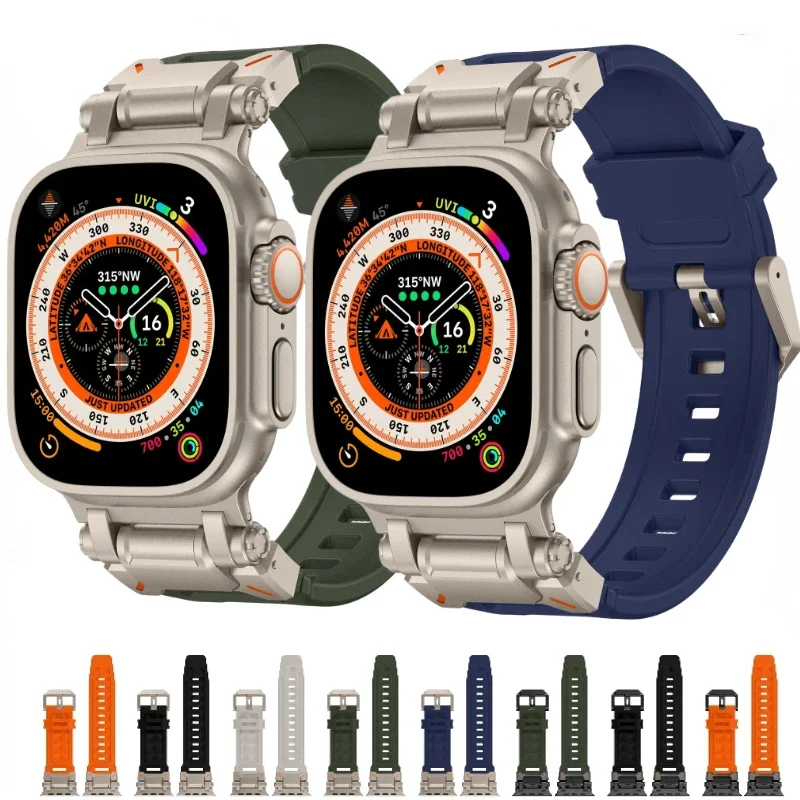 Rubber+Metal Strap For Apple Watch Ultra/2 49mm 10 9 8 7 46mm 45mm Luxury Modification Kit Belt For iWatch 6 5 4 3 SE 44mm 42mm