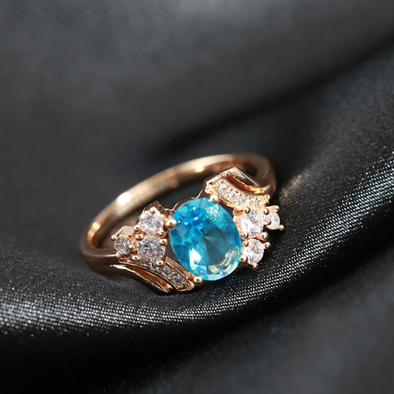 SYOUJYO Shiny Blue Oval Natural Zircon Rings For Women Peach Heart Cutting 585 Rose Golden Wedding Luxury Jewelry