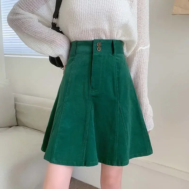 

4XL Retro Corduroy Skirt Women Spring Autumn Winter High Waist Mini Skirt Plump Girls Green Slim A- line Umbrella Skirt Female