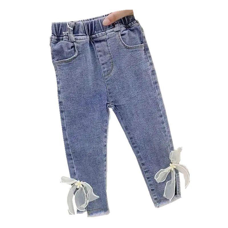 Spring Autumn Children Girls Denim Pants Elastic Waist Mesh Bowknot Harem Baby Girls Pants Exterior Stylish Kid Girls Trousers