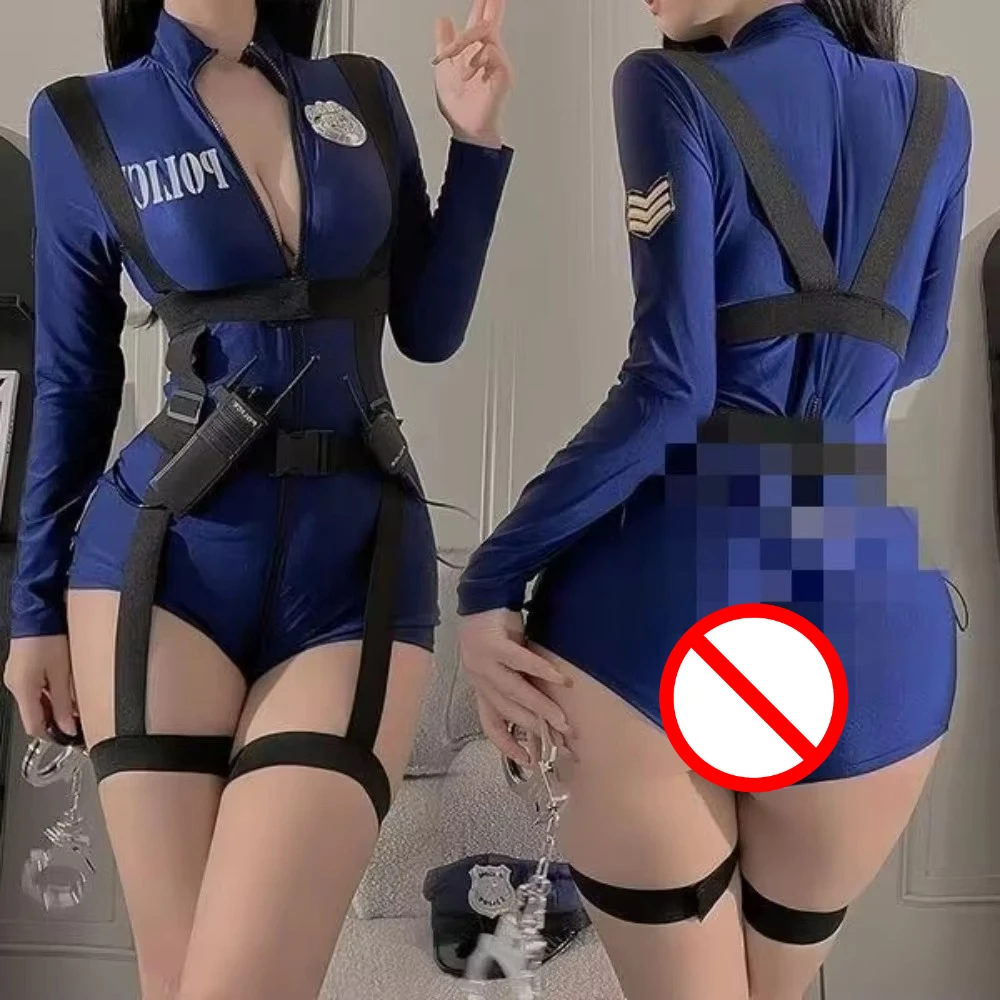 

Lencerias Sexy European Style Police Officer Costume Bodysuit - Sheer Cut-Out Roleplay Lingerie Set for Bedroom & Cosplay