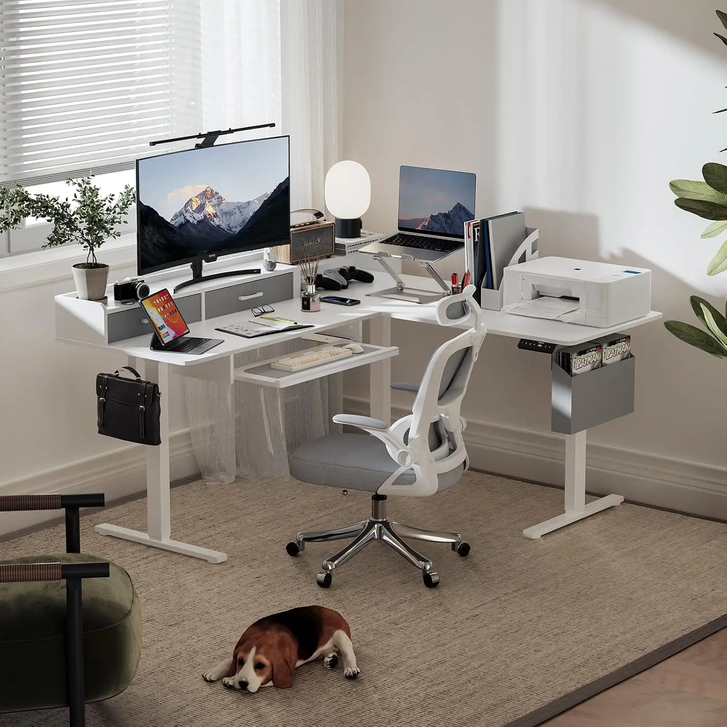 Height Adjustable L Shaped Standing Desk with Drawers & Keyboard Tray, Electric Sit to h, Customized