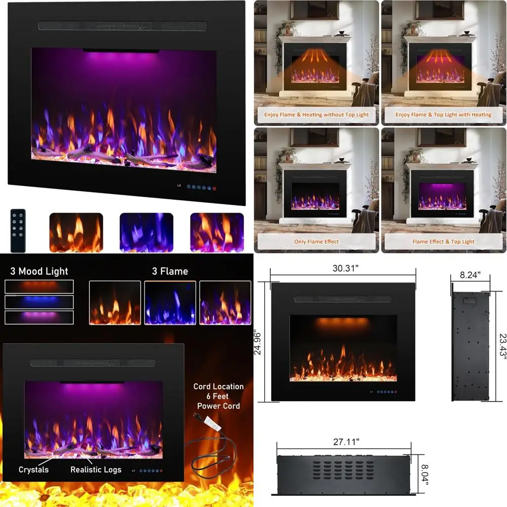 

Электрический задний камин, 27,1 Вт, регулируемый нагрев 750/1500 Вт, 3 цвета пламени и верхняя подсветка