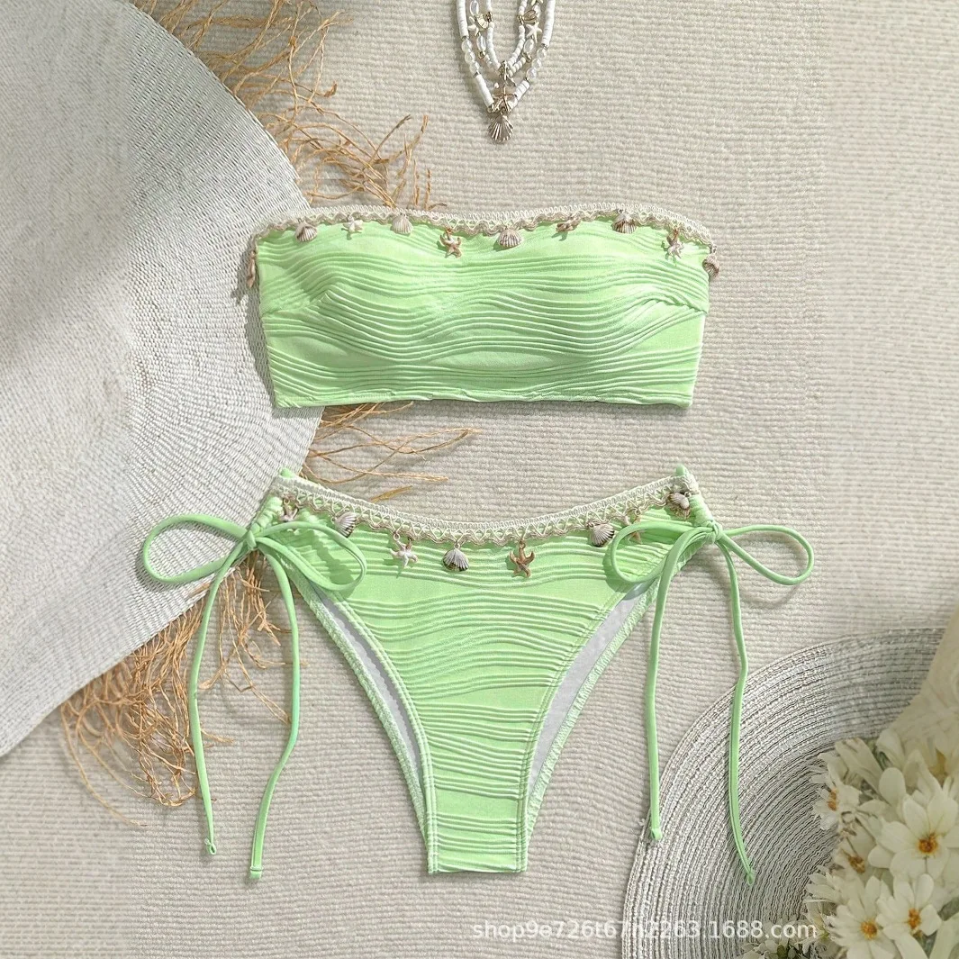 2025 Summer New Sexy Lace Up Strapless Women Split Swimsuit Fashion Shell Tassel Decoration Female Bikini Sets