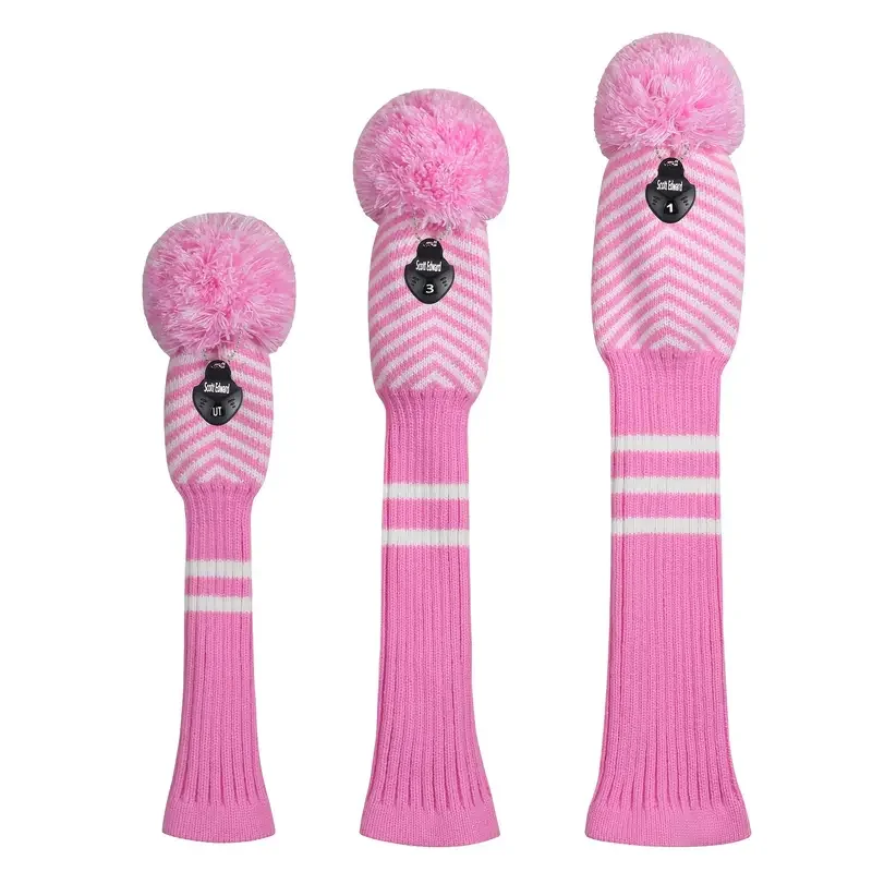 

3pcs Striped Golf Head Covers Driver Fairway Pink