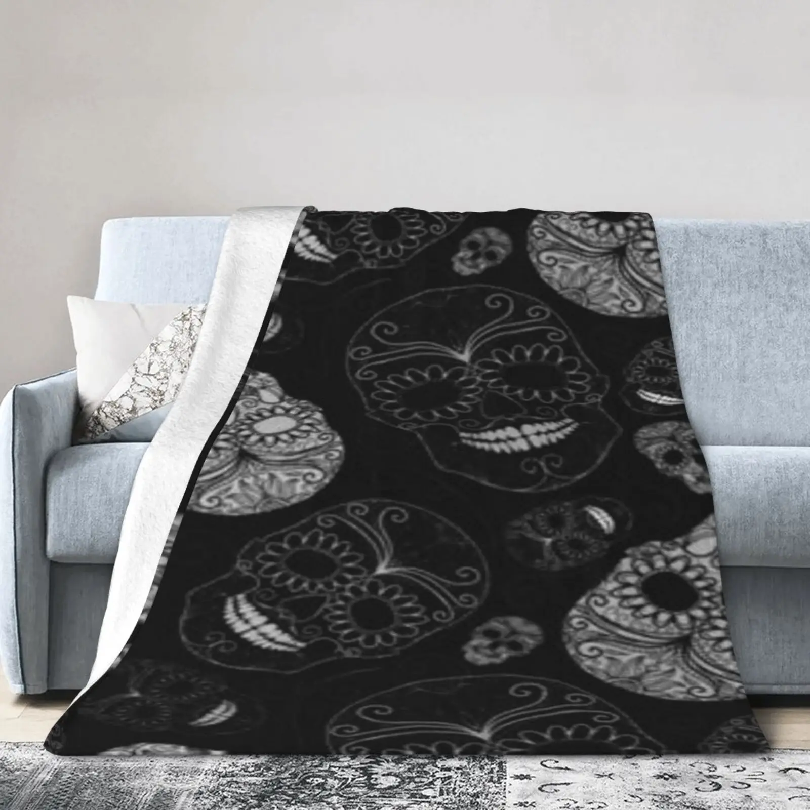 해골과 보라색 달 디자인 소프트 플란넬 플리스 담요 - 소파, 침대, 소파용 경량 마이크로파이버 아늑한 담요