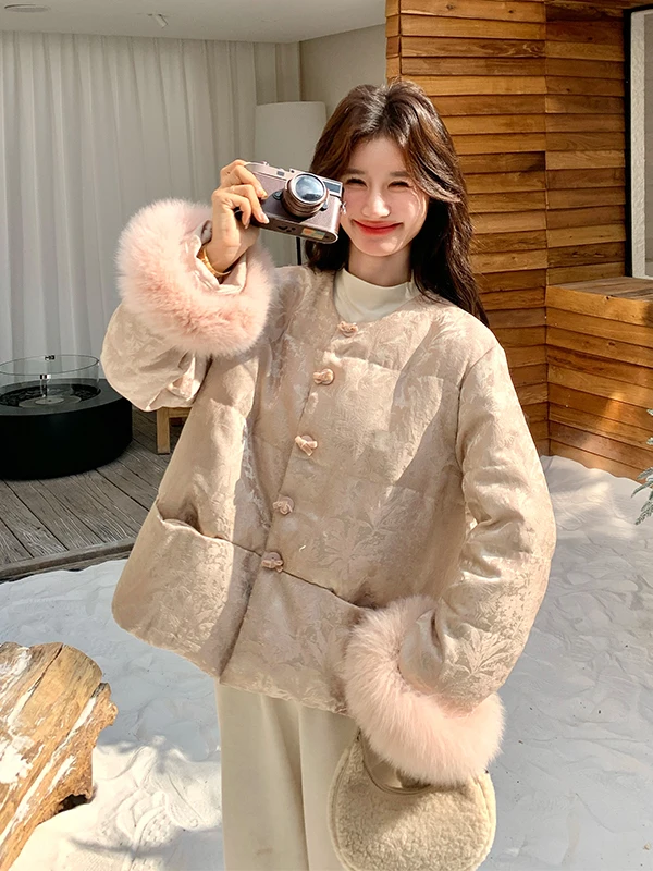 

New Chinese Sle Floral Print Pink Fluffy Sve down Jaet Women's ort Warm 90% White Du down Outerwear Coat