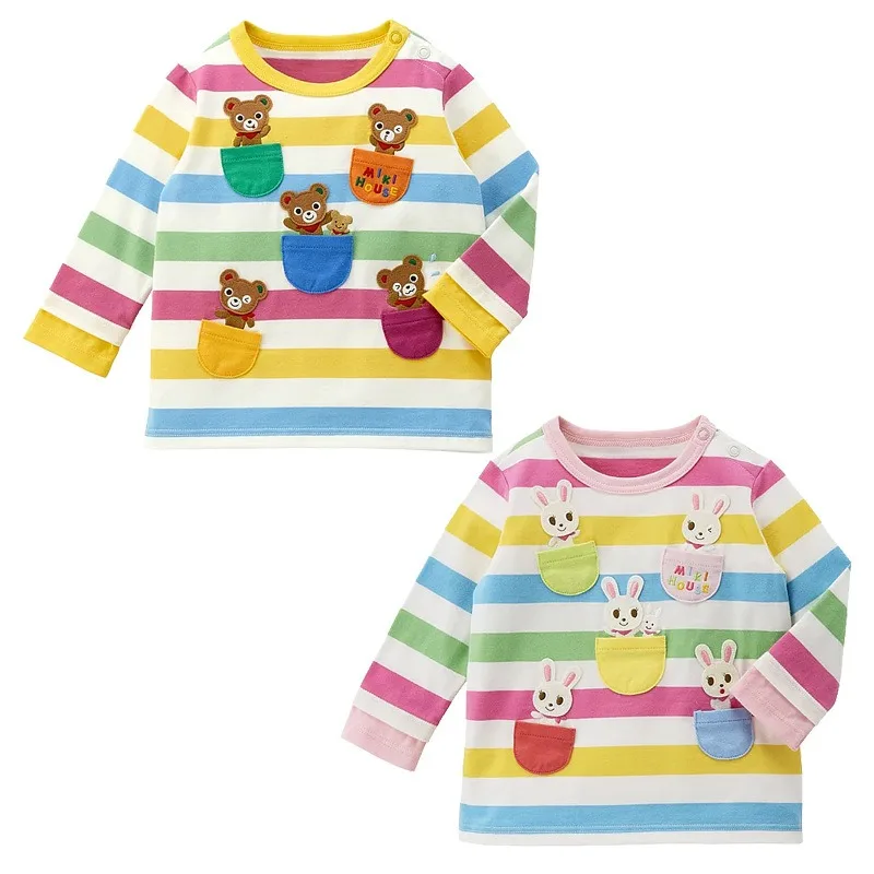 

Осенние детские футболки с длинными рукавами, японские полосатые футболки с рисунком медведя и кролика, одежда для девочек, топы для интерьера для маленьких мальчиков